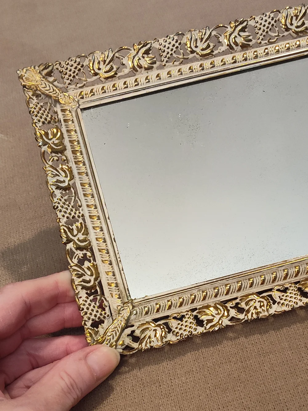 Vintage 50's-60's Gold Ornate Rectangular Mirrored Tray- Elegant Home Accent